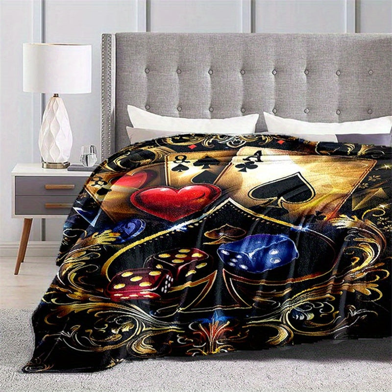 Retro Poker and Dice Design Polyester Blanket - 100% Plush Material, Warm, Lightweight, Versatile for Sofa, Bed, Travel, Picnic, Multipurpose Rectangle Chair Mat with Large Coverage Area Over 2.16m² and Longest Side Exceedin