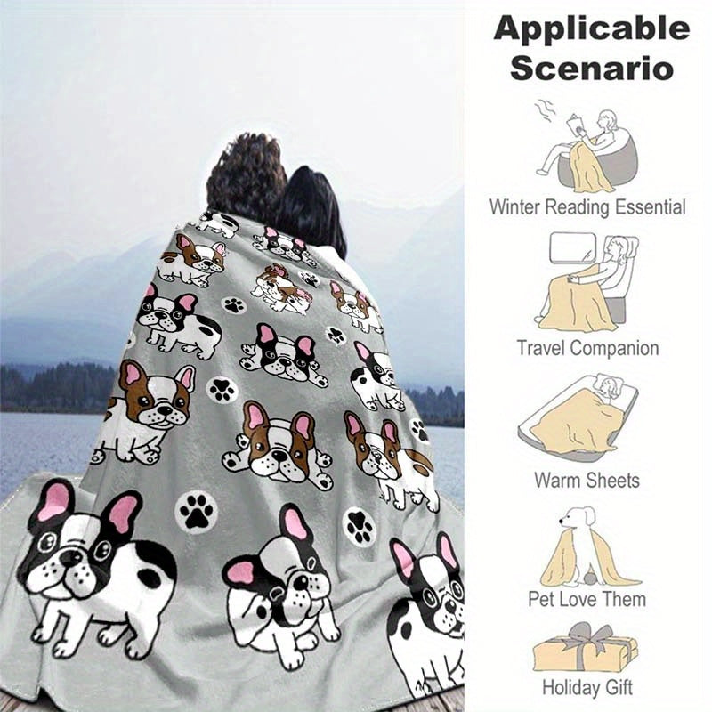Cute Mini French Bulldog Pattern Four-Season Office Chair Blanket, Soft Polyester Material, Cozy and Lightweight, Perfect for Home or Office Use, Durable and Machine Washable, 100% Polyester Composition, Adorable Dog Design