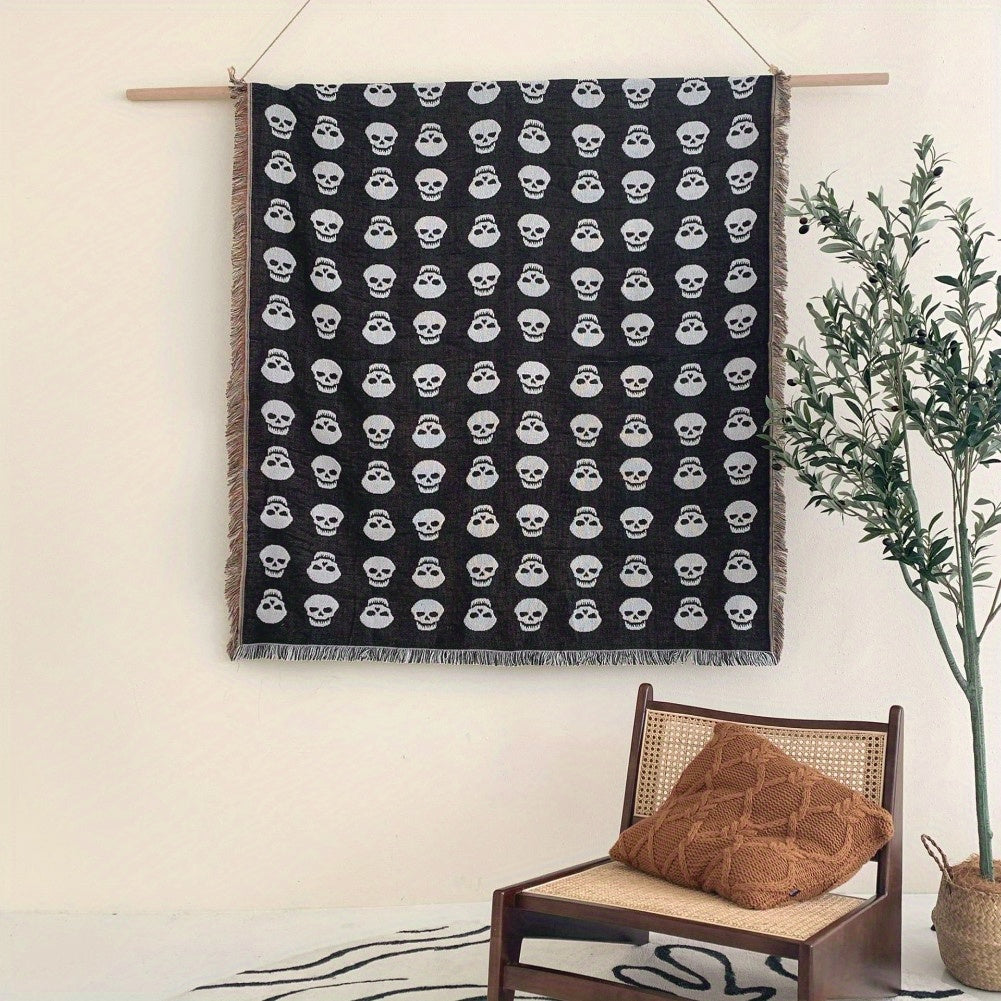 Skull Pattern Picnic Blanket, Machine Washable, Knit Weave, Multi-Functional Fringe Throw, Polyester Backing, for Outdoor Camping, Yoga Mat, Bed Sofa Living Room Decor, Machine Made