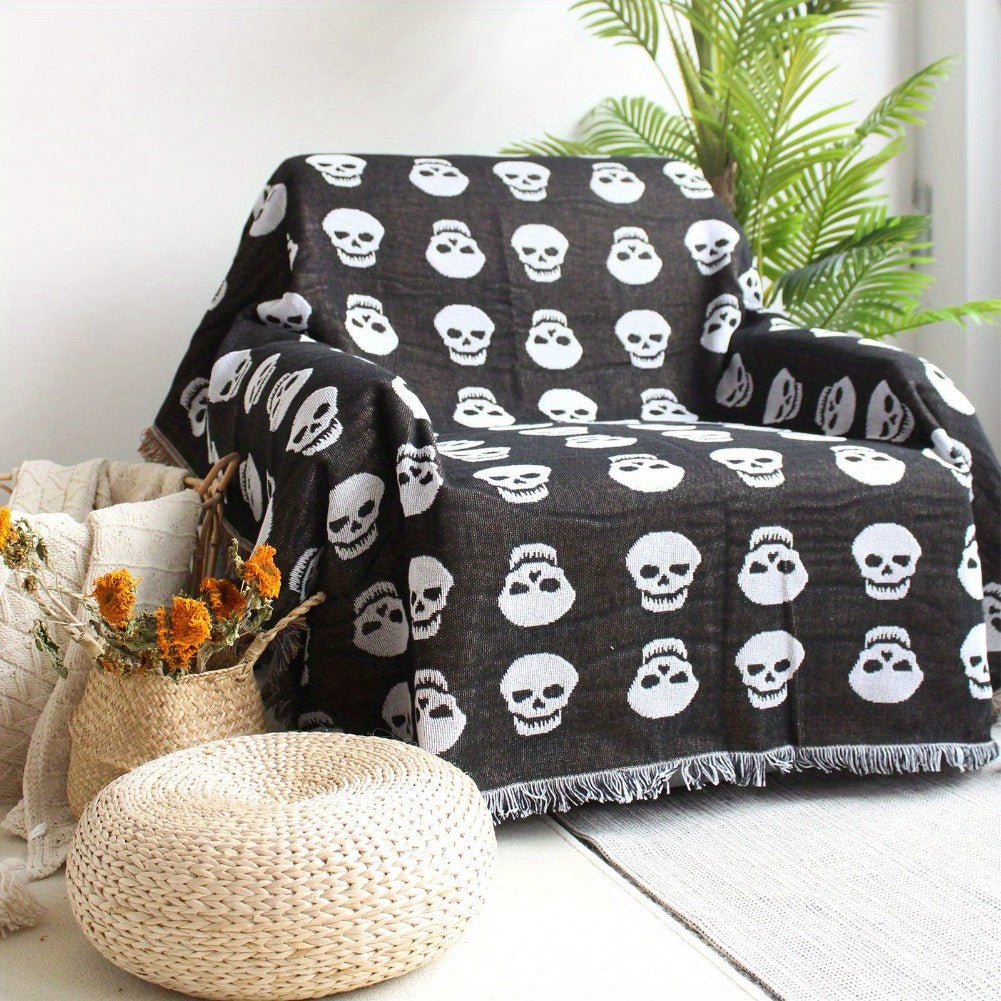 Skull Pattern Picnic Blanket, Machine Washable, Knit Weave, Multi-Functional Fringe Throw, Polyester Backing, for Outdoor Camping, Yoga Mat, Bed Sofa Living Room Decor, Machine Made