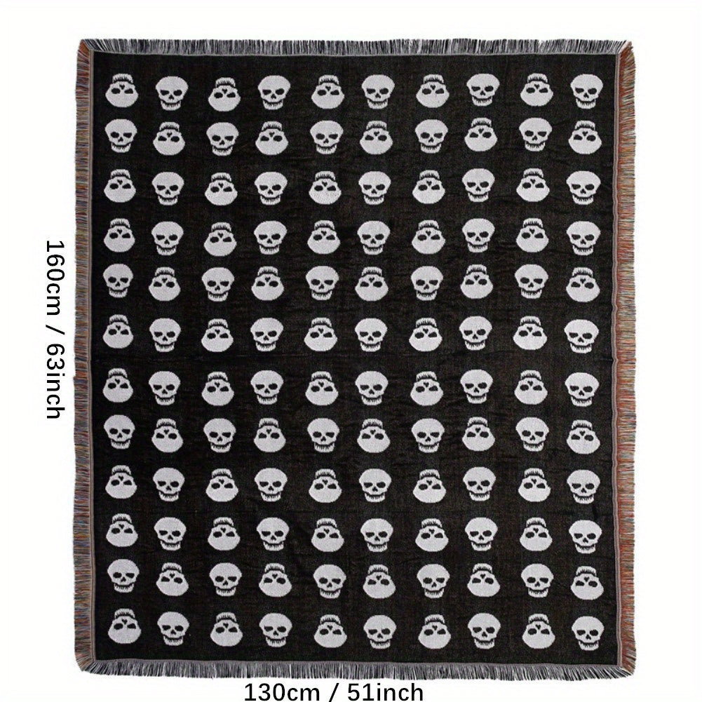 Skull Pattern Picnic Blanket, Machine Washable, Knit Weave, Multi-Functional Fringe Throw, Polyester Backing, for Outdoor Camping, Yoga Mat, Bed Sofa Living Room Decor, Machine Made