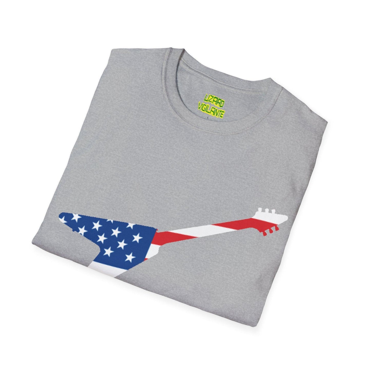 American Flag Colored Flying V Electric Guitar Unisex Softstyle T-Shirt - Lizard Vigilante