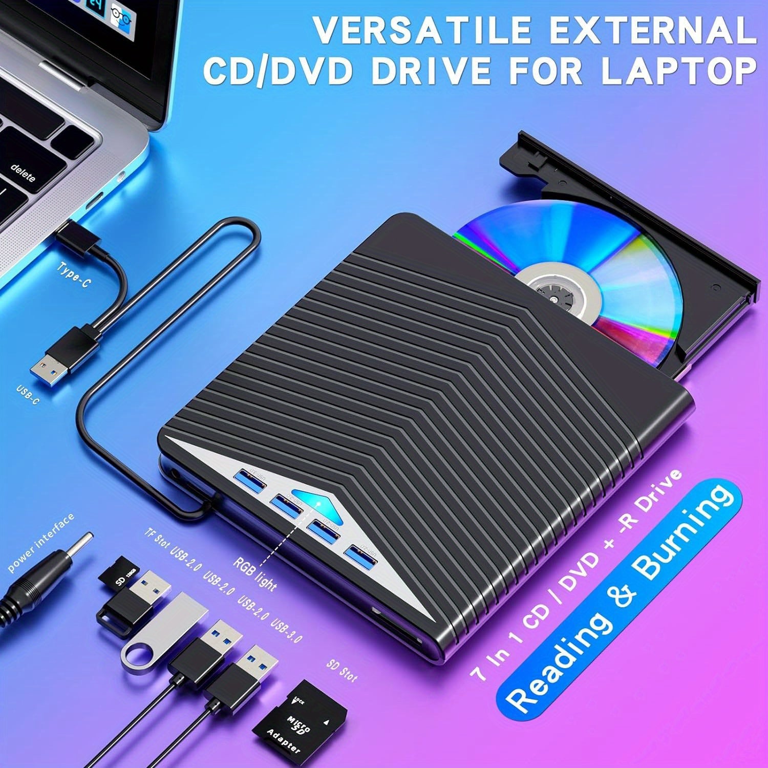 Ultra-Slim External CD/DVD Drive with 4 USB Ports & Card Slots - USB 3.0 and Type-C Optical Drive with SD/TF Card Reader, CD Burner, and Writer for Windows, MacOS, Linux - Premium dvd player from Lizard Vigilante - Just $41.08! Shop now at Lizard Vigilante