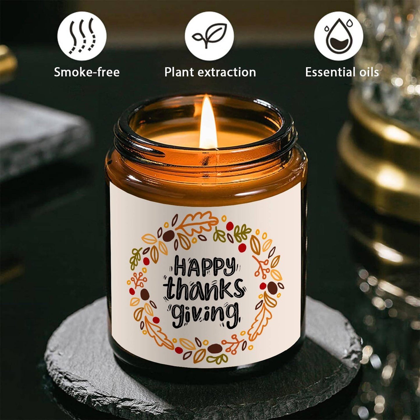 Happy Thanksgiving Day Scented Candle Fall Themed Autumn Orange Terracotta Burnt Rustic Farmhouse November Harvest Give Thanks Decoration Gift Idea for Home Women Woman Hostess Men Friends Her Mom Wife Grandma Cute Ite