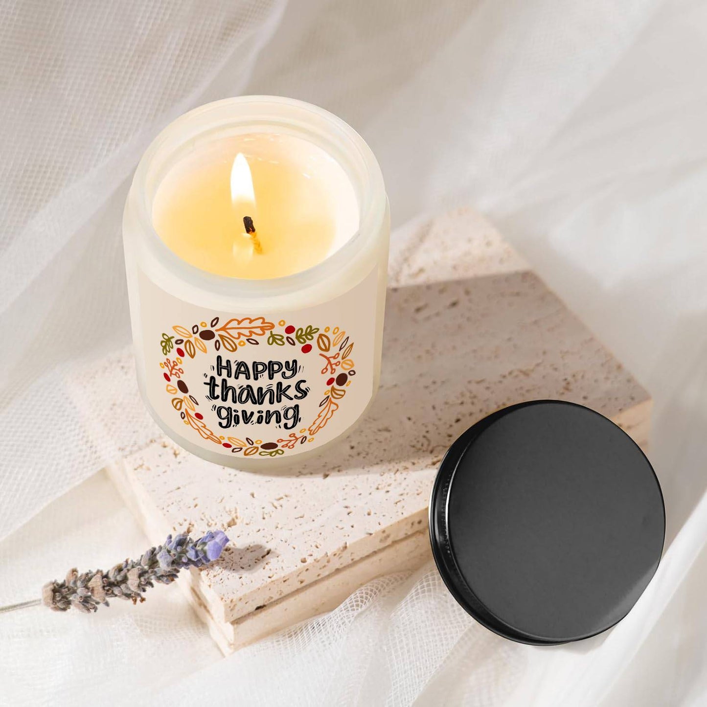 Happy Thanksgiving Day Scented Candle Fall Themed Autumn Orange Terracotta Burnt Rustic Farmhouse November Harvest Give Thanks Decoration Gift Idea for Home Women Woman Hostess Men Friends Her Mom Wife Grandma Cute Ite