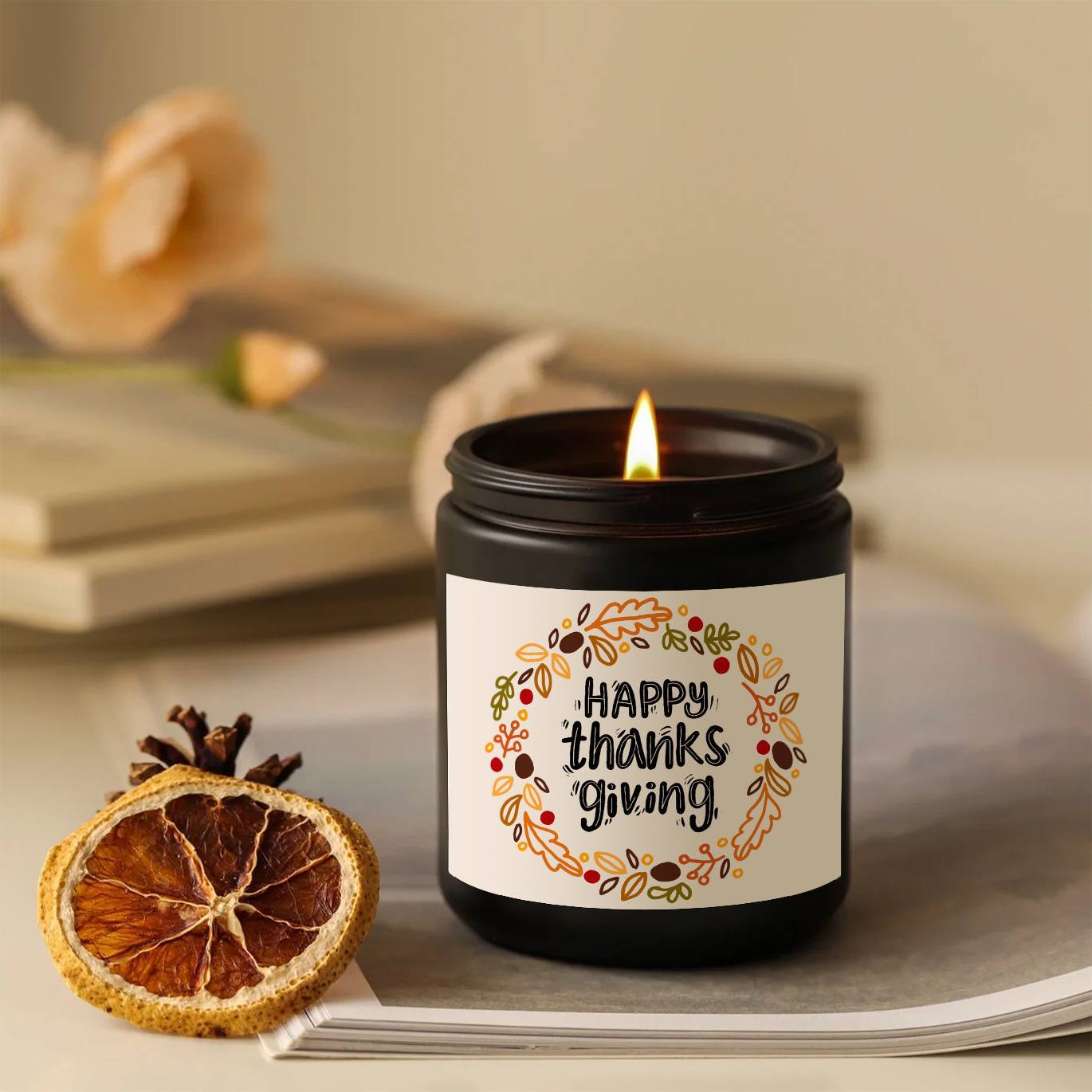 Happy Thanksgiving Day Scented Candle Fall Themed Autumn Orange Terracotta Burnt Rustic Farmhouse November Harvest Give Thanks Decoration Gift Idea for Home Women Woman Hostess Men Friends Her Mom Wife Grandma Cute Ite
