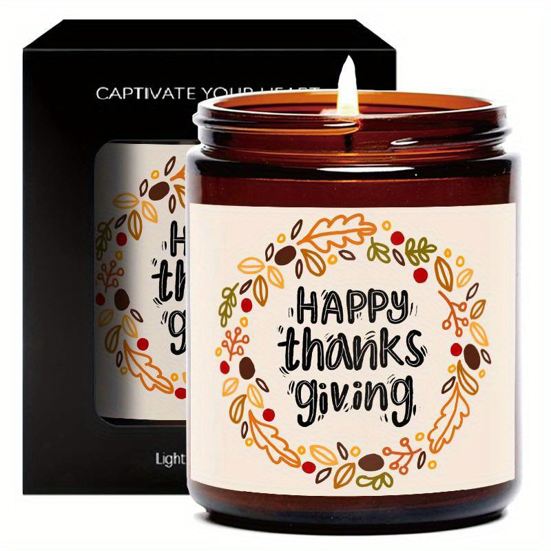 Happy Thanksgiving Day Scented Candle Fall Themed Autumn Orange Terracotta Burnt Rustic Farmhouse November Harvest Give Thanks Decoration Gift Idea for Home Women Woman Hostess Men Friends Her Mom Wife Grandma Cute Ite