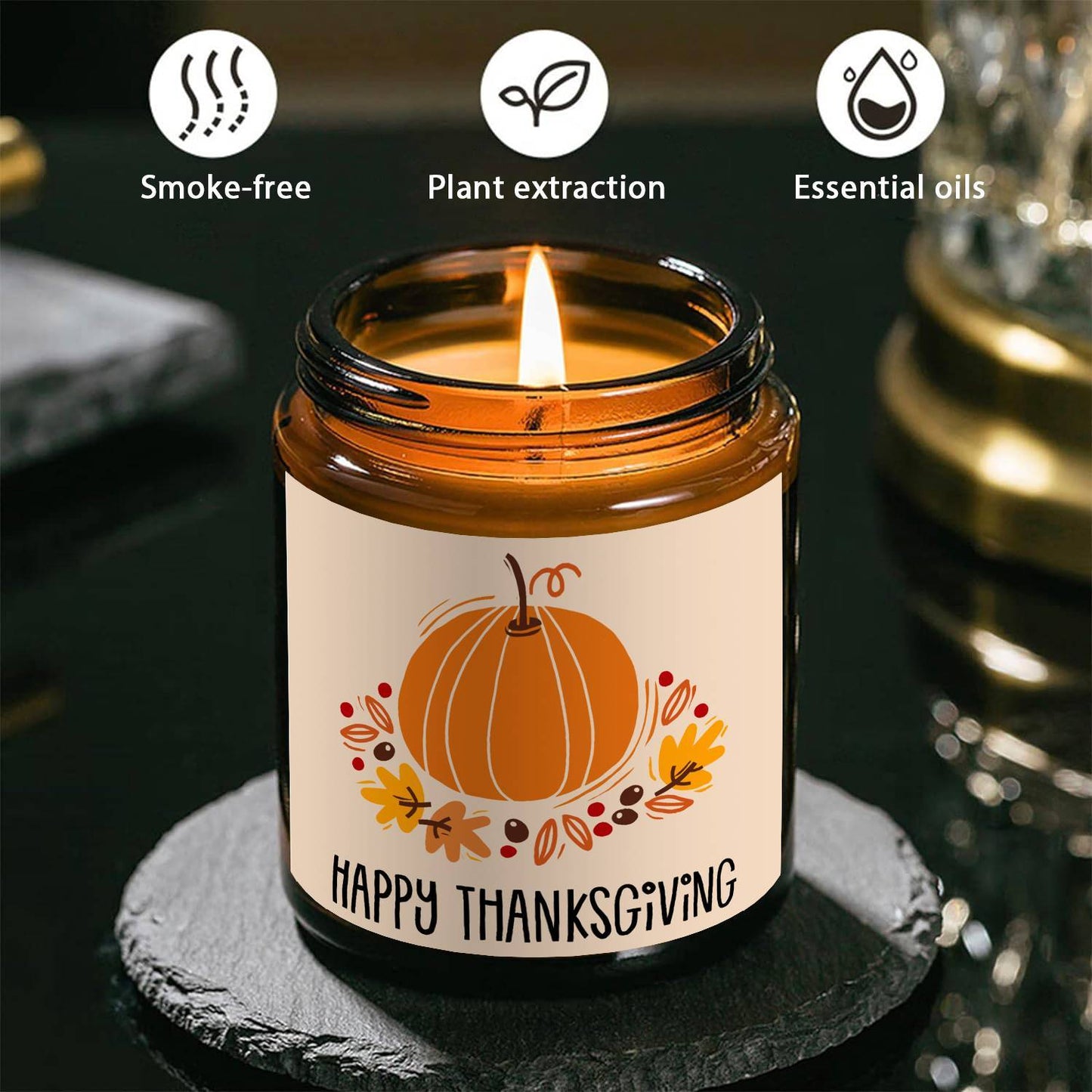 Happy Thanksgiving Day Scented Candle Fall Themed Autumn Orange Pumpkin Terracotta Burnt Rustic Farmhouse November Give Thanks Decoration Gift Idea for Home Women Woman Hostess Men Friends Her Mom Wife Grandma Cute Item