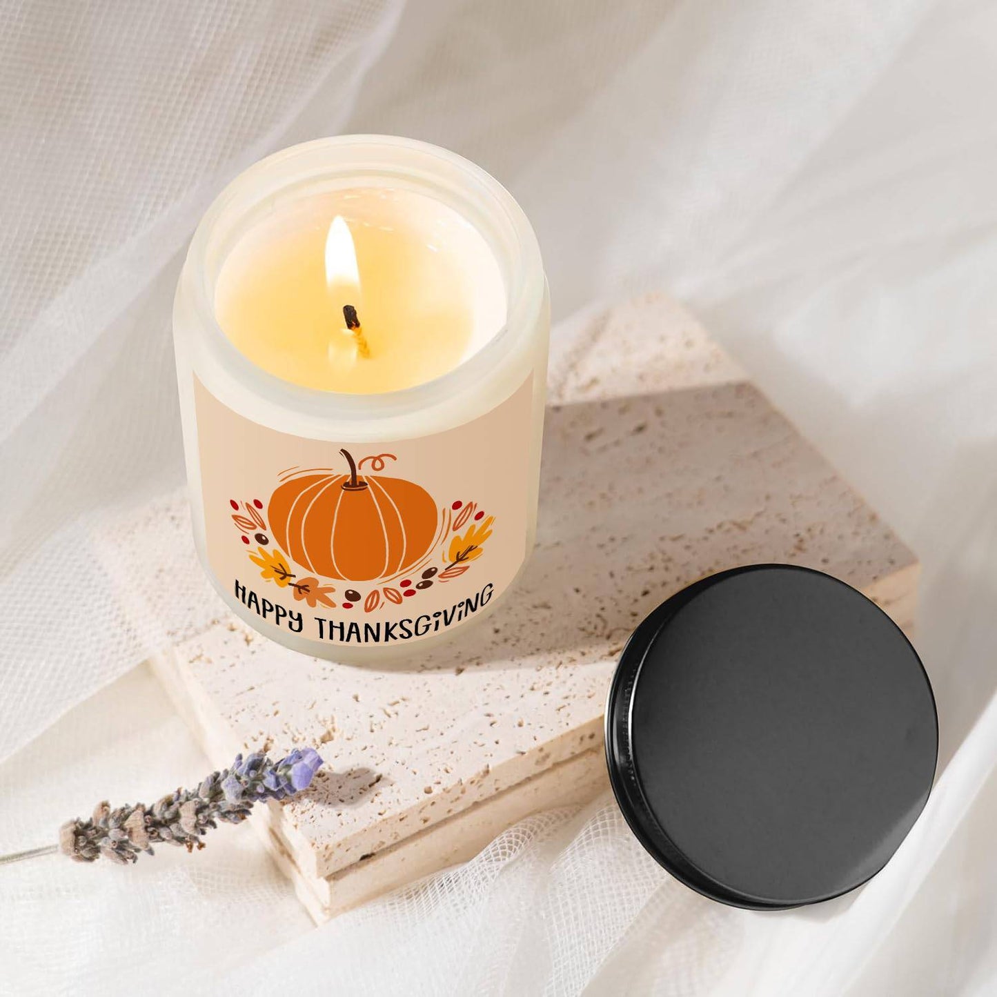 Happy Thanksgiving Day Scented Candle Fall Themed Autumn Orange Pumpkin Terracotta Burnt Rustic Farmhouse November Give Thanks Decoration Gift Idea for Home Women Woman Hostess Men Friends Her Mom Wife Grandma Cute Item