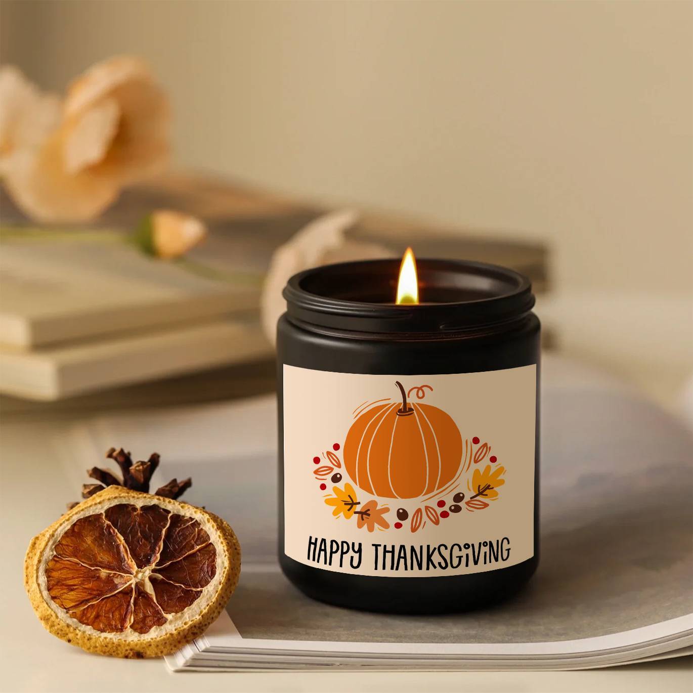 Happy Thanksgiving Day Scented Candle Fall Themed Autumn Orange Pumpkin Terracotta Burnt Rustic Farmhouse November Give Thanks Decoration Gift Idea for Home Women Woman Hostess Men Friends Her Mom Wife Grandma Cute Item