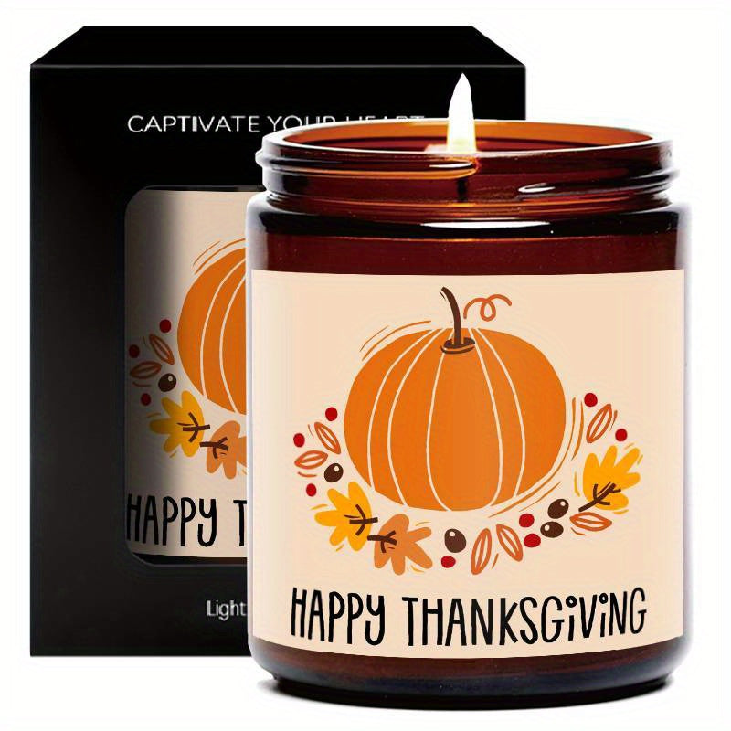 Happy Thanksgiving Day Scented Candle Fall Themed Autumn Orange Pumpkin Terracotta Burnt Rustic Farmhouse November Give Thanks Decoration Gift Idea for Home Women Woman Hostess Men Friends Her Mom Wife Grandma Cute Item