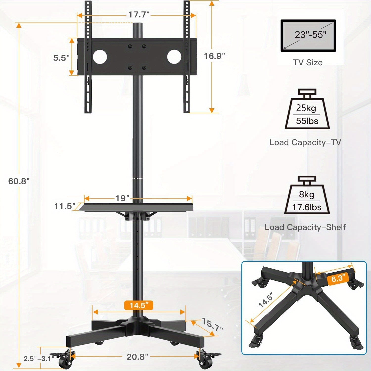 Height Adjustable Rolling TV Cart with Lockable Wheels, Fits 23-60 Inch LCD LED OLED Flat and Curved TVs, Mobile TV Stand for Home and Office, Black - Premium  from Lizard Vigilante - Just $63.99! Shop now at Lizard Vigilante