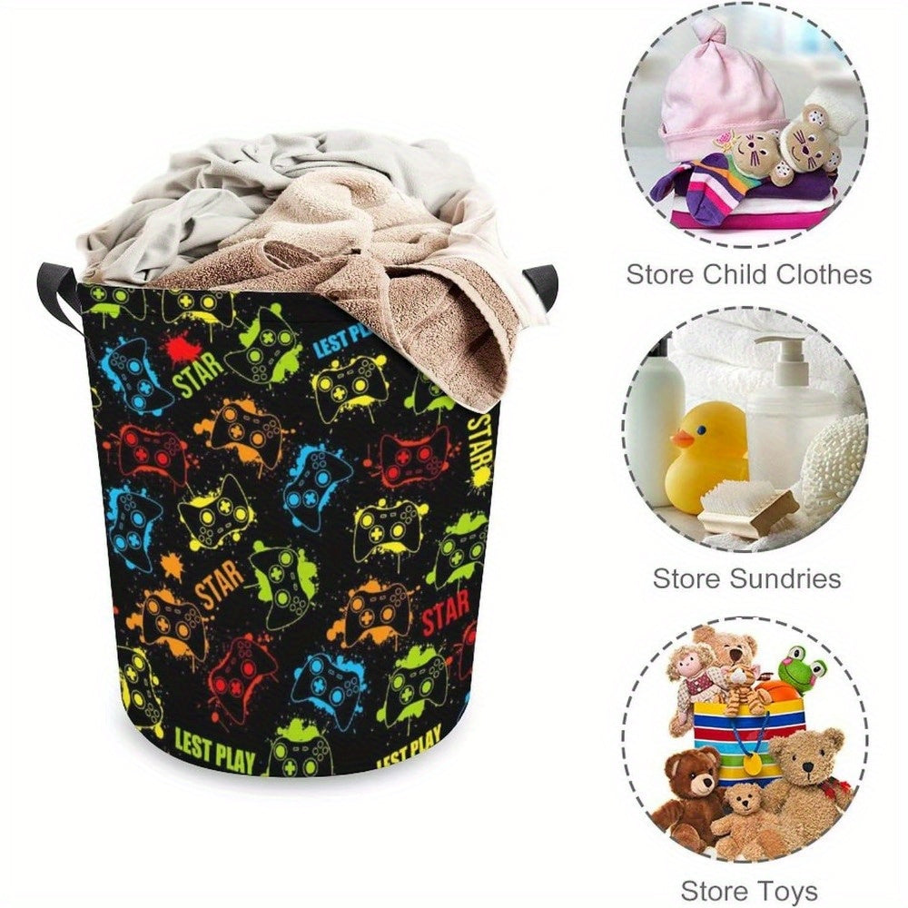 Gamer Laundry Basket with Handles - Casual Polyester Round Gamepad Storage Hamper for Bedroom, Gaming Room Decor, Dirty Clothes Organizer - Premium  from Lizard Vigilante - Just $15.99! Shop now at Lizard Vigilante