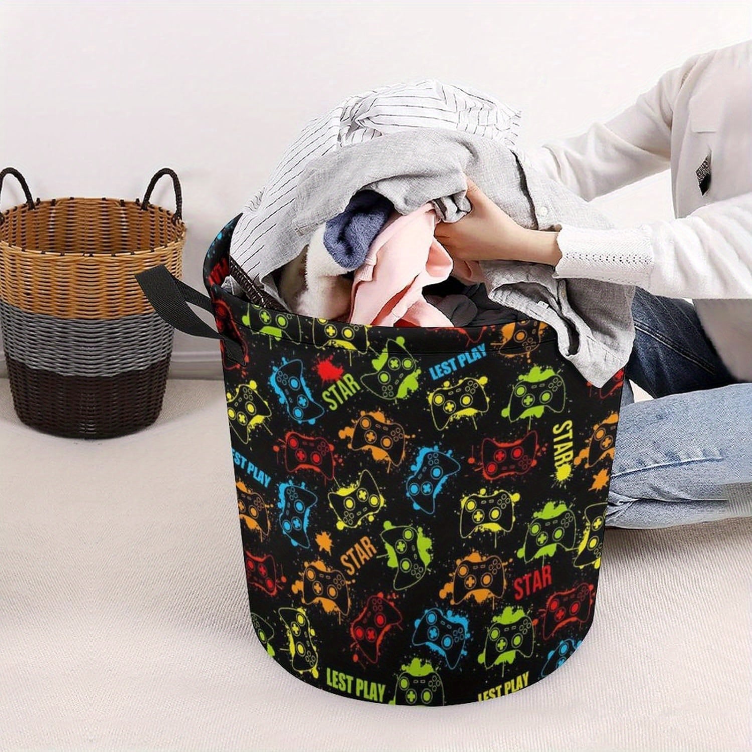 Gamer Laundry Basket with Handles - Casual Polyester Round Gamepad Storage Hamper for Bedroom, Gaming Room Decor, Dirty Clothes Organizer - Premium  from Lizard Vigilante - Just $15.99! Shop now at Lizard Vigilante