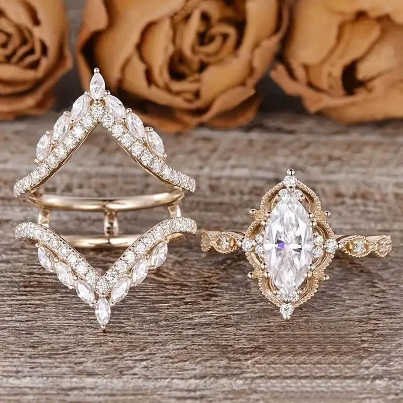 Crown Horse Eye Diamond Ring Set Copper Luxury