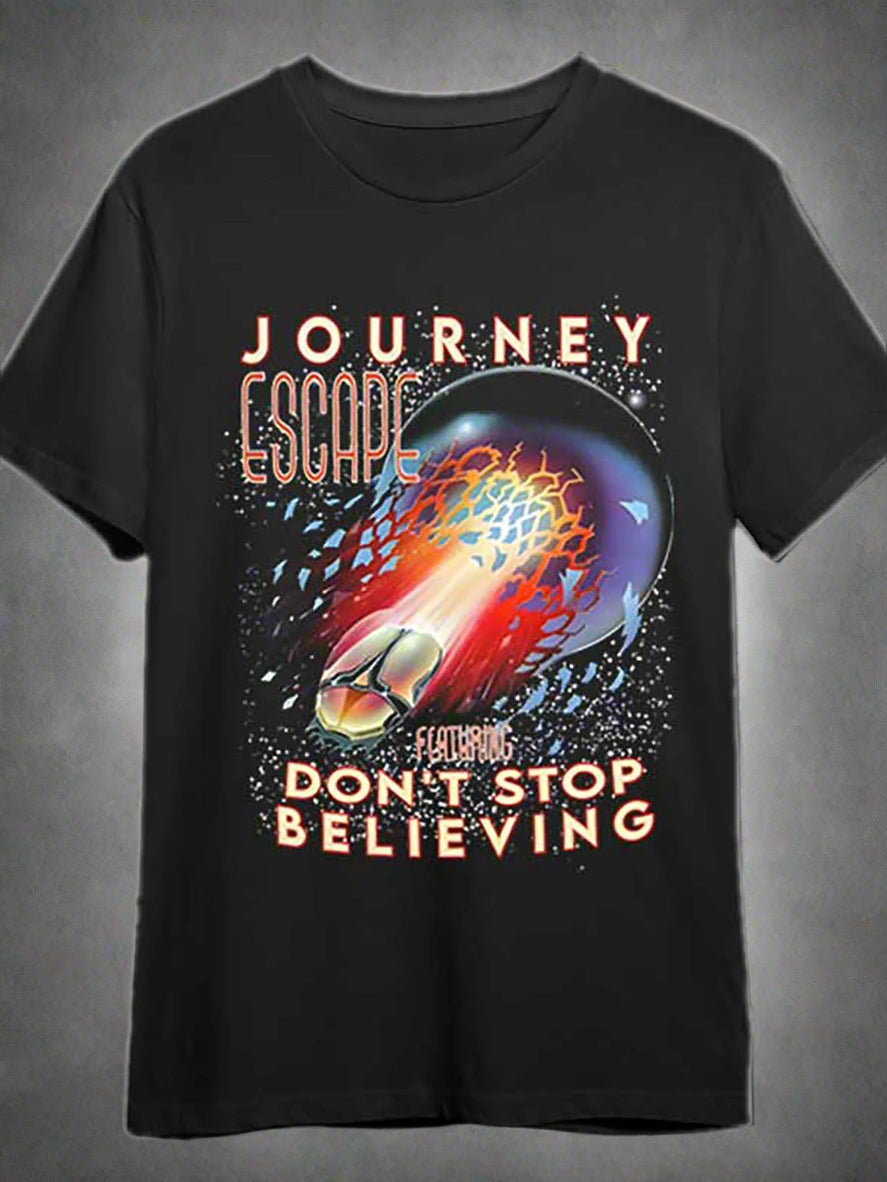 Journey Escape "Don't Stop Believin'" T-Shirt | Classic Rock Band Graphic Tee | Men's Short Sleeve Cotton T-Shirt | Crew Neck, Casual Fit - Premium T-shirt from Lizard Vigilante - Just $25.99! Shop now at Lizard Vigilante