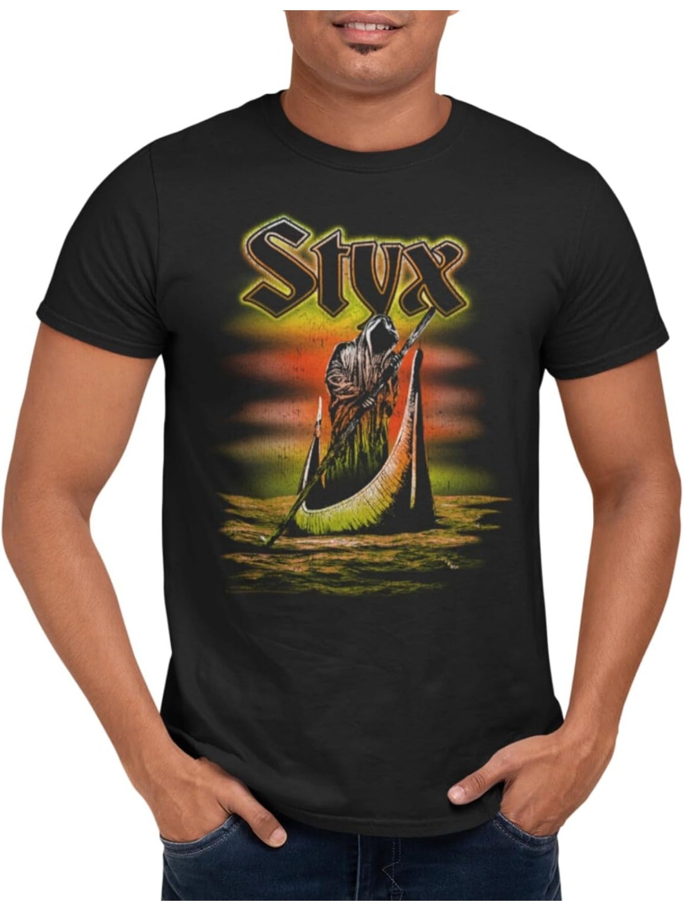 Styx 1972 Rock Band Ferryman Charon Graphic T-Shirt – 100% Cotton, Classic Crew Neck Tee for Adults - Premium T-shirt from Lizard Vigilante - Just $24.99! Shop now at Lizard Vigilante