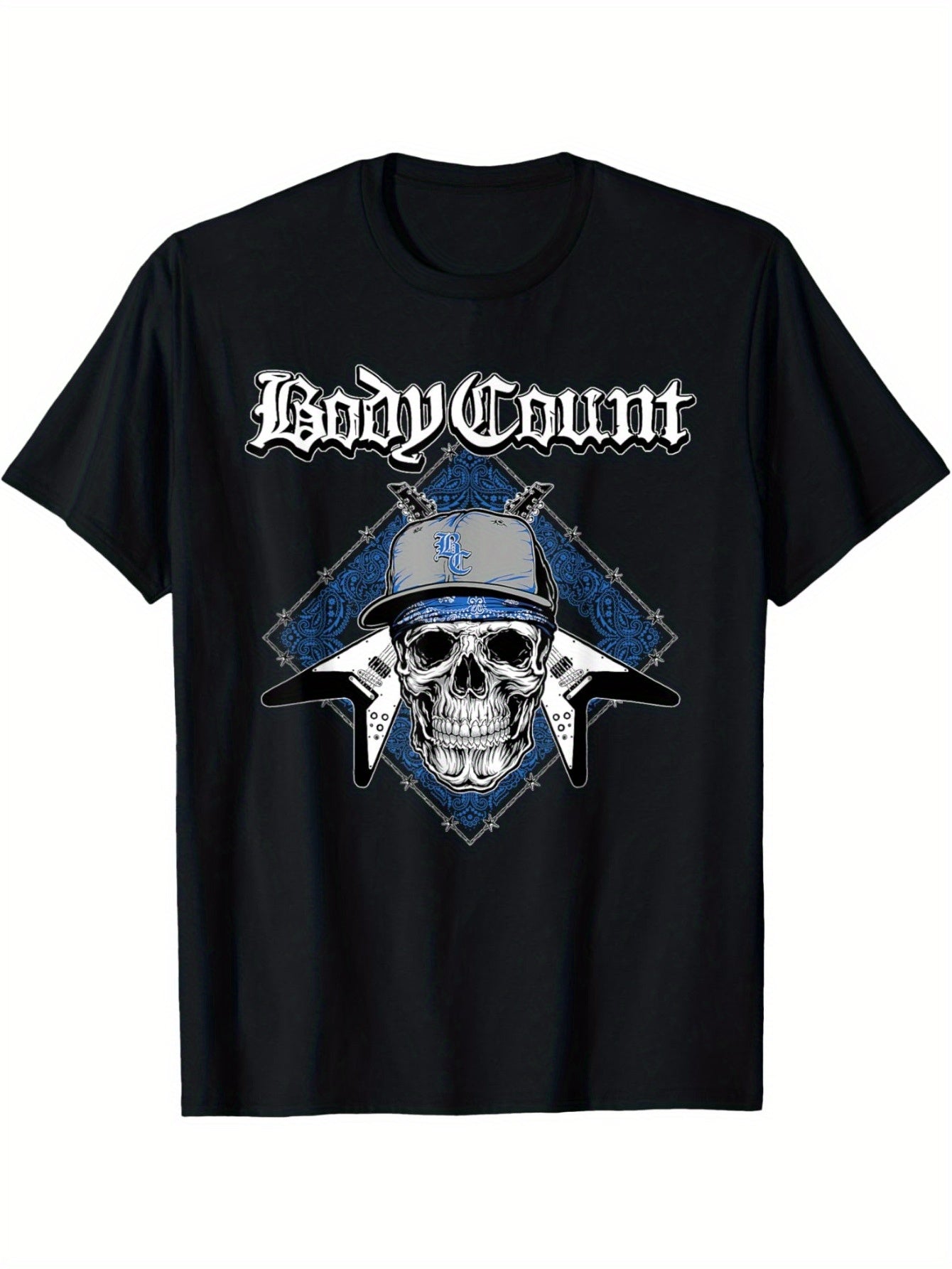 Cool Skull And Electric Guitar Pattern And BODY COUNT Letter Print Crew Neck T-shirt For Men, Pure Cotton Top For Summer Street Wear - Premium  from Lizard Vigilante - Just $24.99! Shop now at Lizard Vigilante