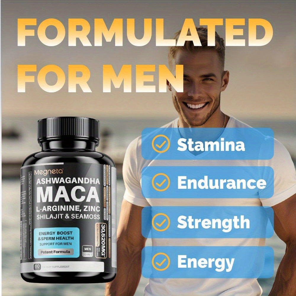 Men's Energy Bottle- Maca, L-Arginine, L-Citrulline, Ashwagandha &Seamoss & Shilajit & Herbal Ingredients -20 IN 1 Energy&Vitalit, Prostate Health& Inner Strength -MEN'S CONFIDENCE- 60 Capsules - Premium  from Lizard Vigilante - Just $21.99! Shop now at Lizard Vigilante