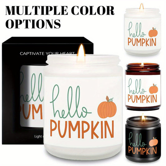 Hello Pumpkin Scented Candle Fall AutumnThemed Orange Terracotta Burnt Rustic Farmhouse September October Harvest Thanksgiving Day Decoration Gift for Women Woman Hostess Friends Her Mom Wife Grandma Cute Items Essenti