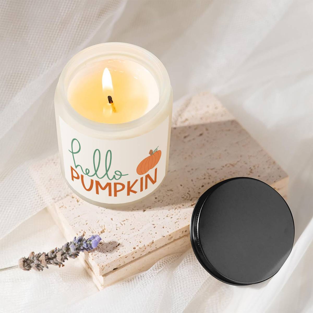 Hello Pumpkin Scented Candle Fall AutumnThemed Orange Terracotta Burnt Rustic Farmhouse September October Harvest Thanksgiving Day Decoration Gift for Women Woman Hostess Friends Her Mom Wife Grandma Cute Items Essenti