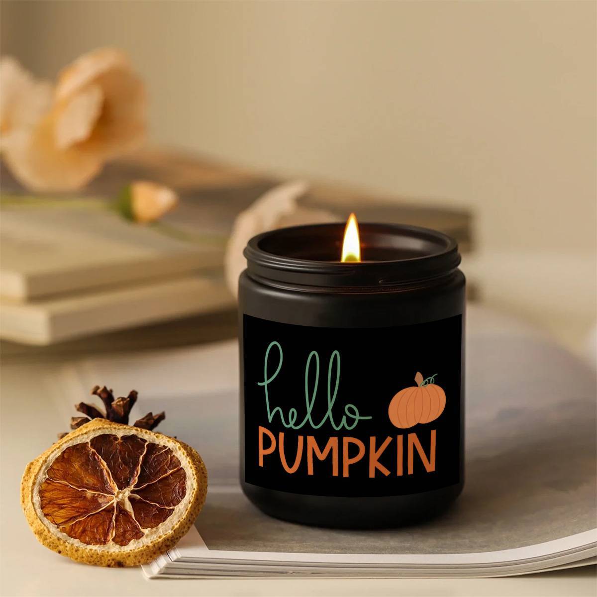 Hello Pumpkin Scented Candle Fall AutumnThemed Orange Terracotta Burnt Rustic Farmhouse September October Harvest Thanksgiving Day Decoration Gift for Women Woman Hostess Friends Her Mom Wife Grandma Cute Items Essenti