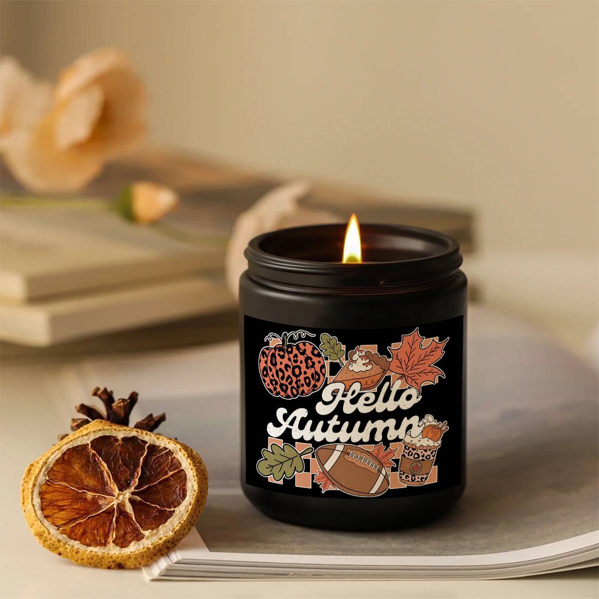 Hello Fall Scented Candle Autumn Themed Pumpkin Orange Terracotta Burnt Rustic Farmhouse September October Harvest Thanksgiving Day Decoration Gift for Home Women Hostess Men Friends Her Mom Wife Grandma Cute Items Ess