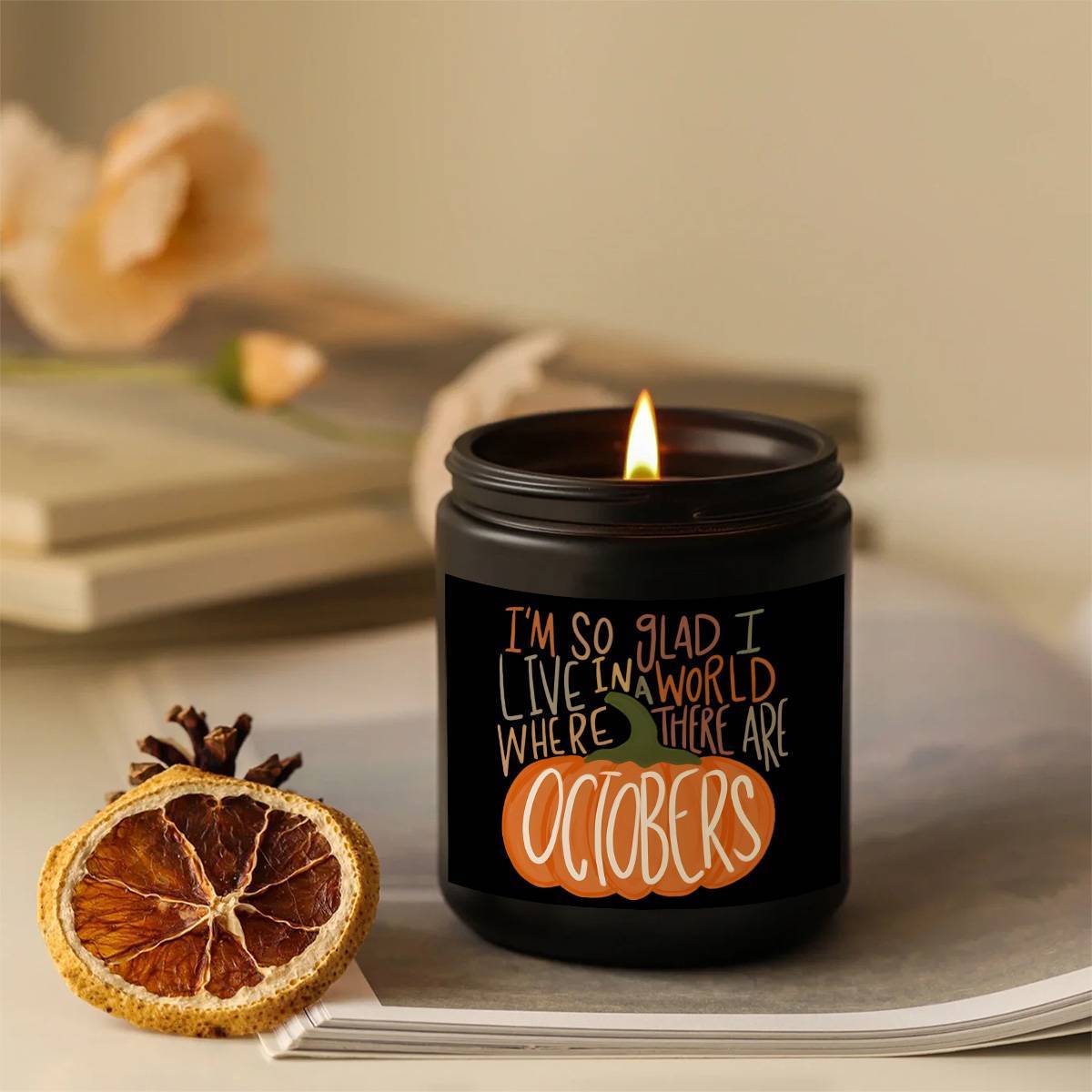 Hello October Scented Candle Fall AutumnThemed Pumpkin Orange Terracotta Burnt Rustic Farmhouse Harvest Thanksgiving Day Decoration Gift for Women Woman Hostess Friends Her Mom Wife Grandma Cute Items Home Decoration E