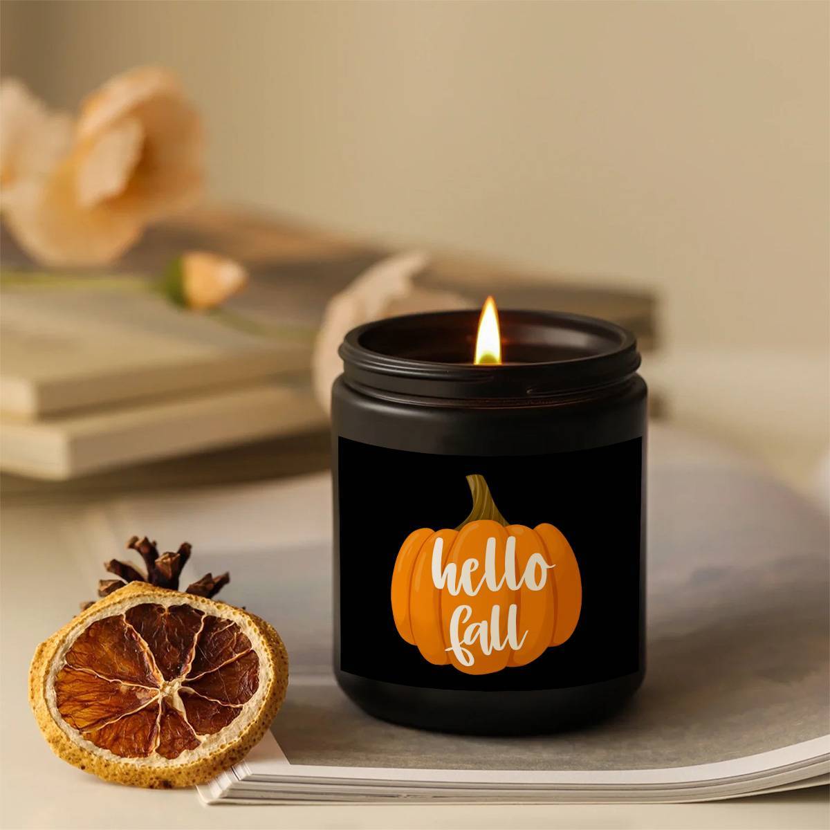 Hello Fall Scented Candle Autumn Themed Pumpkin Orange Terracotta Burnt Rustic Farmhouse September October Harvest Thanksgiving Day Decoration Gift for Home Women Hostess Men Friends Her Mom Wife Grandma Cute Items Ess