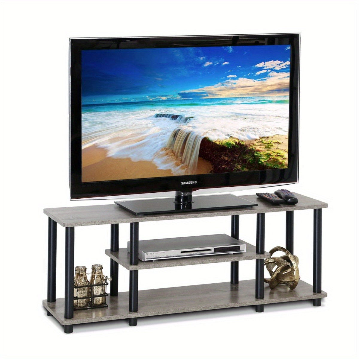 No Tools 3D 3-Tier Entertainment TV Stand for Up to 50 Inch TV - Stylish French Oak Grey/Black Wooden Display Rack - Premium tv stand from Lizard Vigilante - Just $76.99! Shop now at Lizard Vigilante