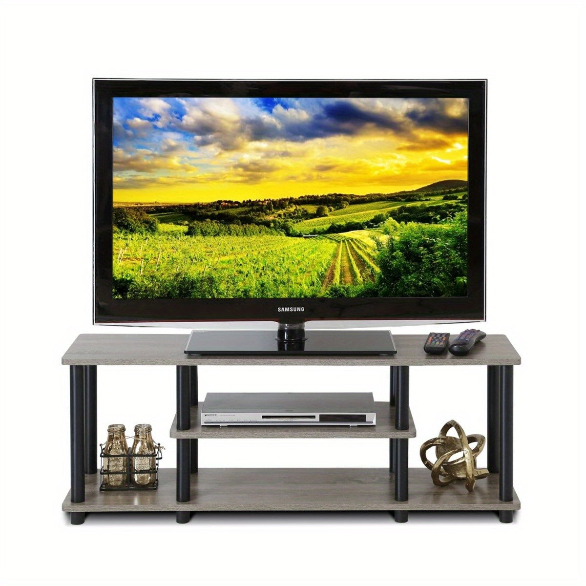 No Tools 3D 3-Tier Entertainment TV Stand for Up to 50 Inch TV - Stylish French Oak Grey/Black Wooden Display Rack - Premium tv stand from Lizard Vigilante - Just $76.99! Shop now at Lizard Vigilante