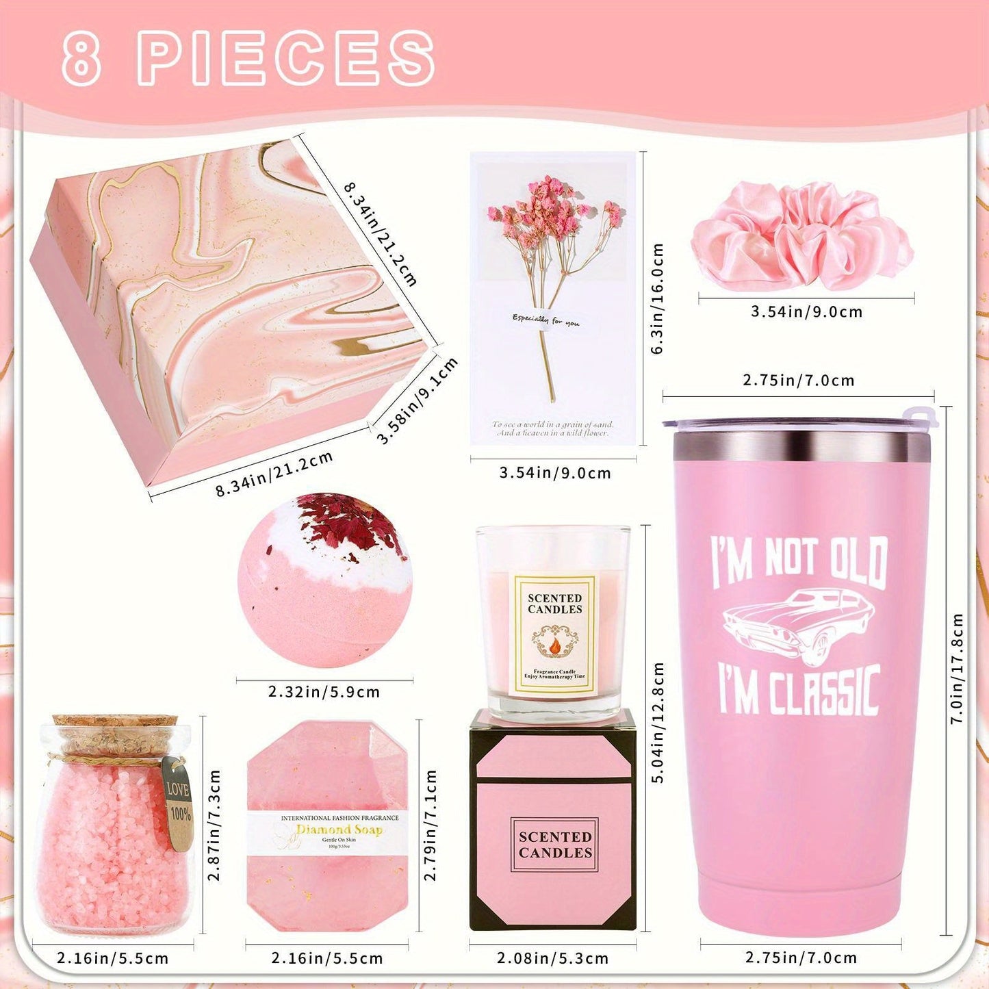 Chic Pink "I'm Not Old, I'm Classic" Insulated Travel Tumbler Set with Lid - Includes Scented Candle, Bath Soap, & Floral Bookmark - Ideal Birthday & Christmas Gift for Men & Women Turning 40, 50, 55, 60, 65, 70, 80, 90 Years
