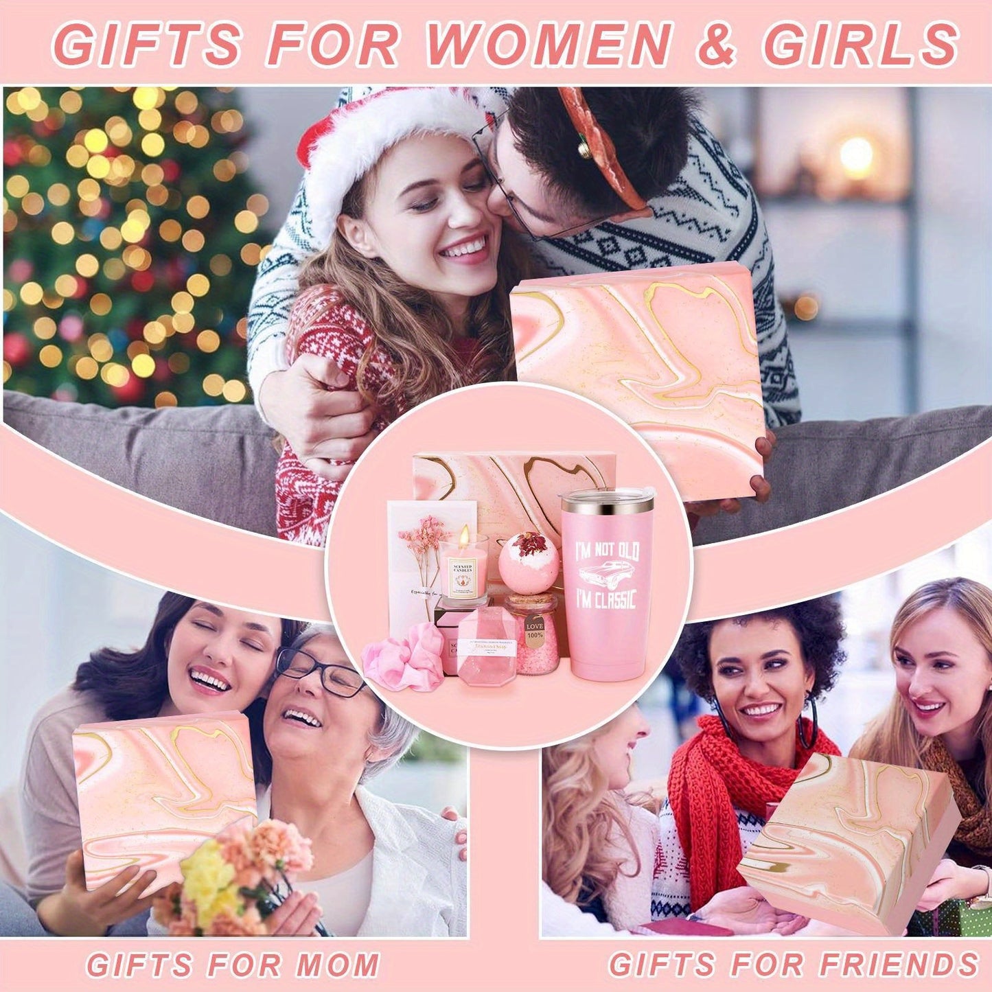 Chic Pink "I'm Not Old, I'm Classic" Insulated Travel Tumbler Set with Lid - Includes Scented Candle, Bath Soap, & Floral Bookmark - Ideal Birthday & Christmas Gift for Men & Women Turning 40, 50, 55, 60, 65, 70, 80, 90 Years