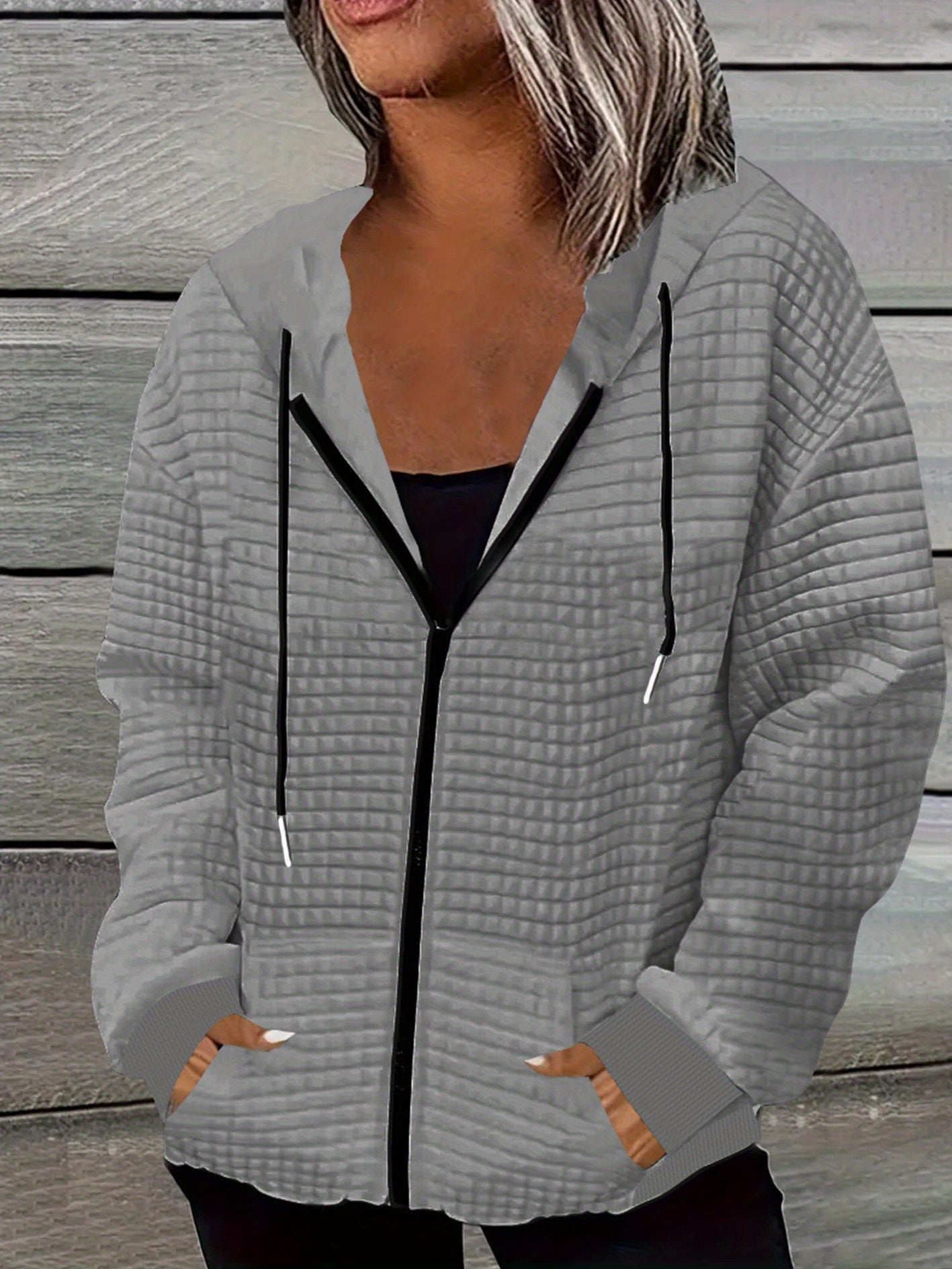 Women's Geometric Dog Print Waffle-Knit Hoodie – Casual Zip-Up with Drawstring, Lightweight Polyester Fabric, and Machine Washable Convenience - Premium hoodie from Lizard Vigilante - Just $48.88! Shop now at Lizard Vigilante