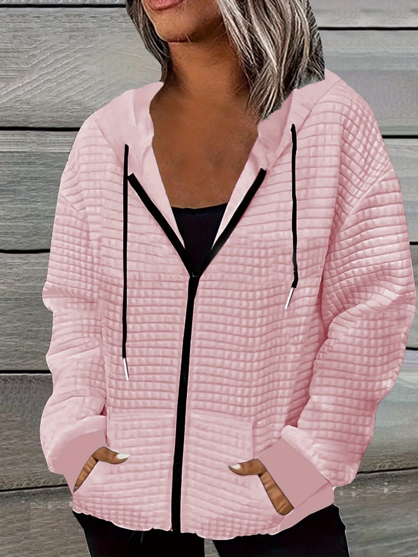 Women's Geometric Dog Print Waffle-Knit Hoodie – Casual Zip-Up with Drawstring, Lightweight Polyester Fabric, and Machine Washable Convenience - Premium hoodie from Lizard Vigilante - Just $48.88! Shop now at Lizard Vigilante