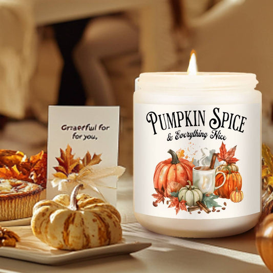 Pumpkin Spice Scented Candle - Glass Jar Aromatherapy Candle with Essential Oils, Smoke-Free, Ideal for Fall Harvest & Thanksgiving Centerpiece Decoration, Hostess Gift for Autumn Season
