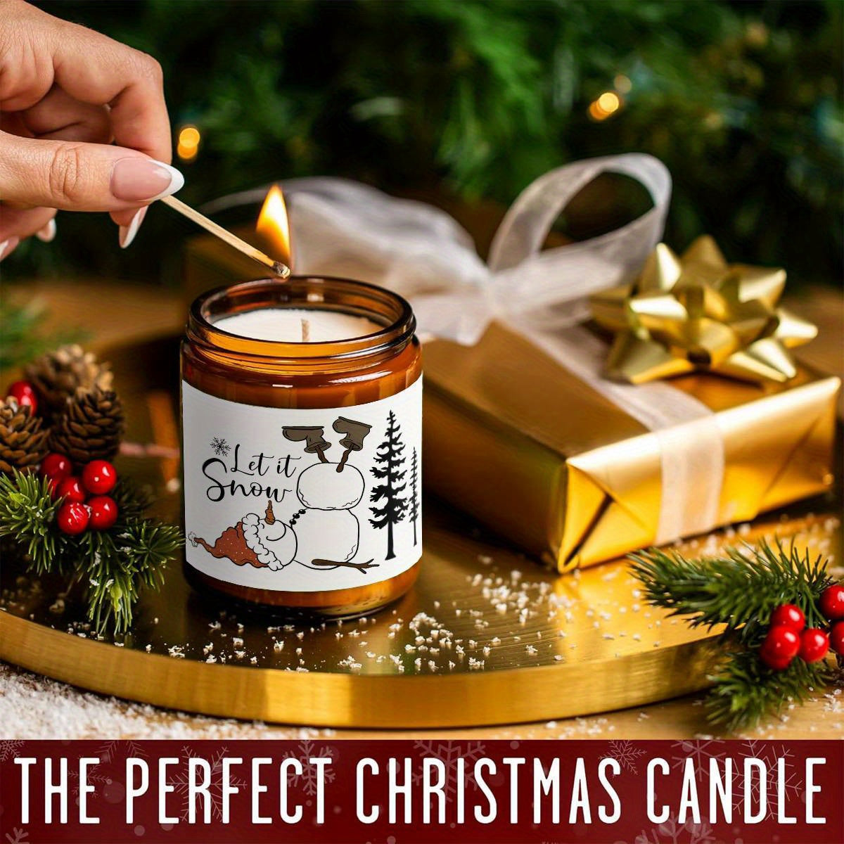 1pc Lavender Scented Candle, "Let it Snow" Festive Design, Smoke-Free, Plant Extraction, Essential Oils, Glass Jar, Perfect for Christmas, Home & Kitchen Decor, Ideal for Coworkers, Friends, Family, White Elephant Gift