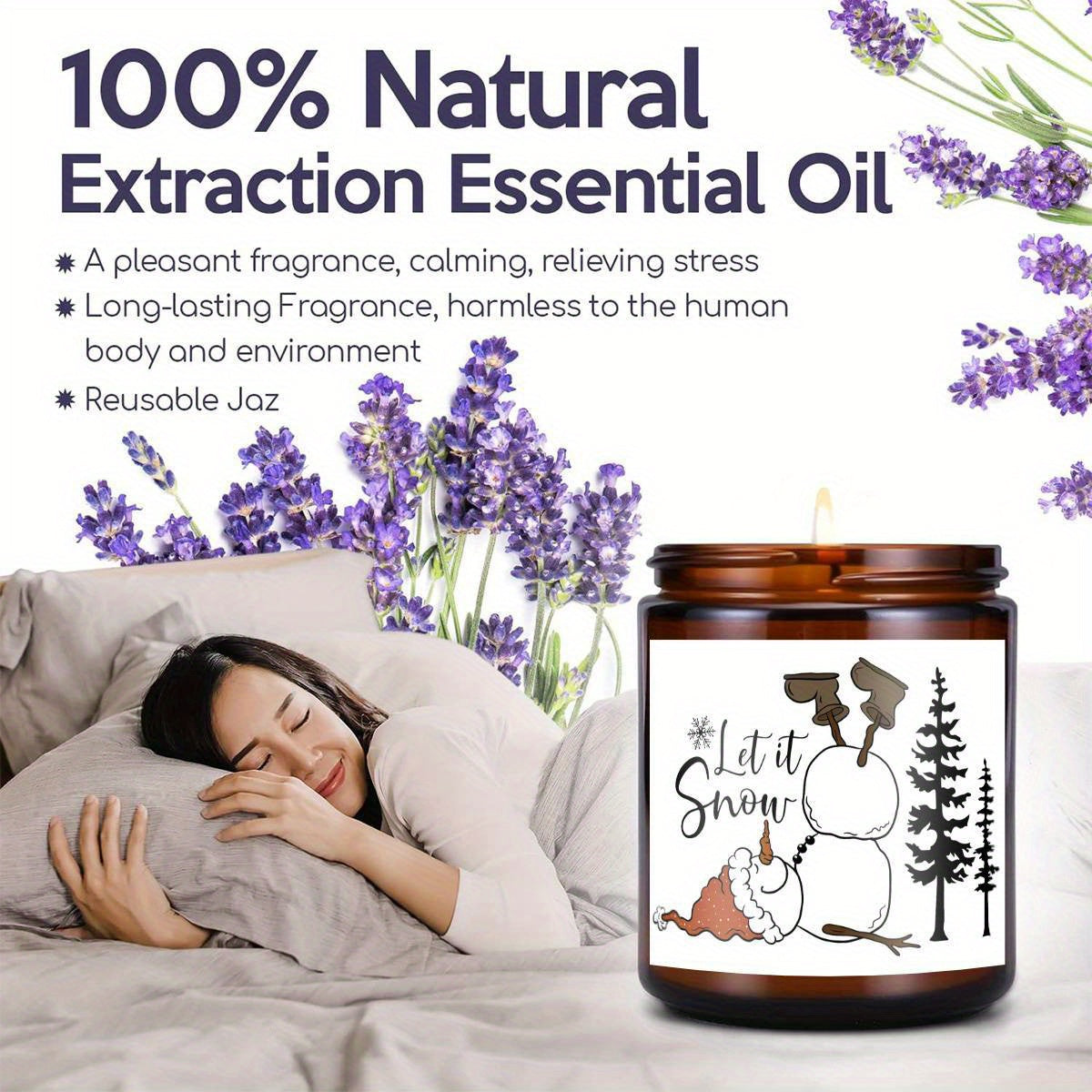 1pc Lavender Scented Candle, "Let it Snow" Festive Design, Smoke-Free, Plant Extraction, Essential Oils, Glass Jar, Perfect for Christmas, Home & Kitchen Decor, Ideal for Coworkers, Friends, Family, White Elephant Gift