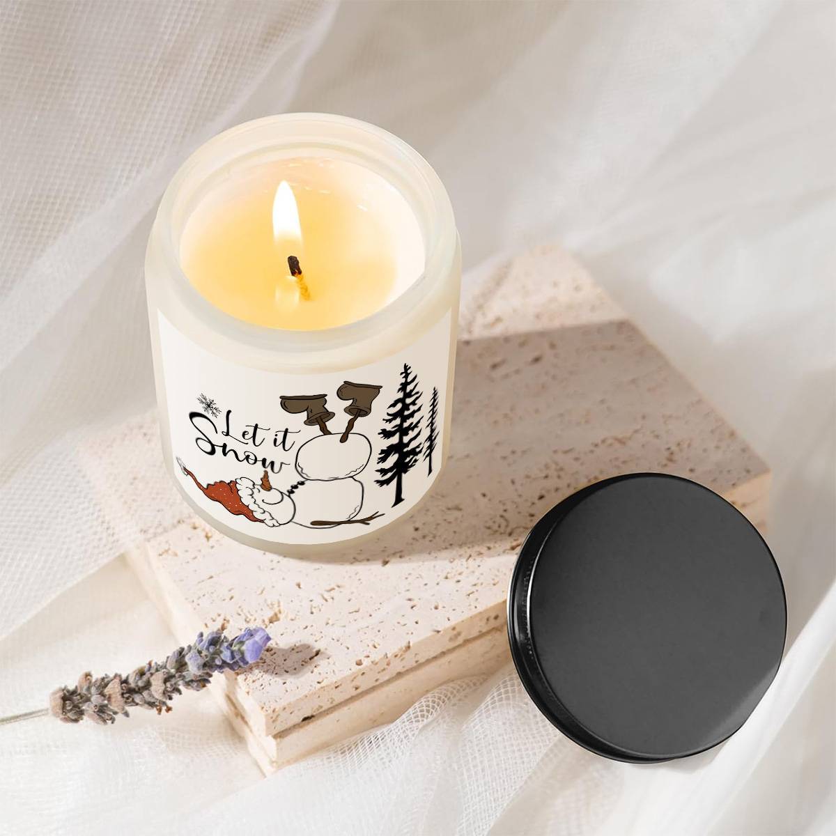1pc Lavender Scented Candle, "Let it Snow" Festive Design, Smoke-Free, Plant Extraction, Essential Oils, Glass Jar, Perfect for Christmas, Home & Kitchen Decor, Ideal for Coworkers, Friends, Family, White Elephant Gift