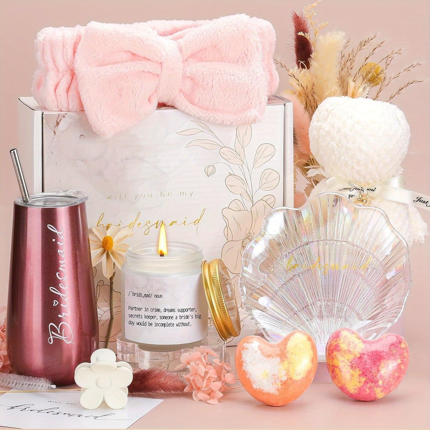 Will You Be My Bridesmaid Gift Box - Includes 6oz Wine Tumbler, Scented Candle, Spa Headband & Bear Towel - Perfect for Bridal Shower, Engagement & Wedding Party Gifts from Bride to Bridesmaids