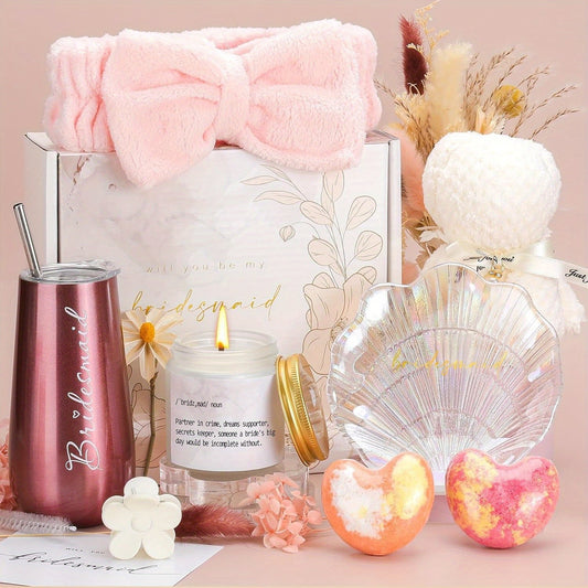 Will You Be My Bridesmaid Gift Box - Includes 6oz Wine Tumbler, Scented Candle, Spa Headband & Bear Towel - Perfect for Bridal Shower, Engagement & Wedding Party Gifts from Bride to Bridesmaids