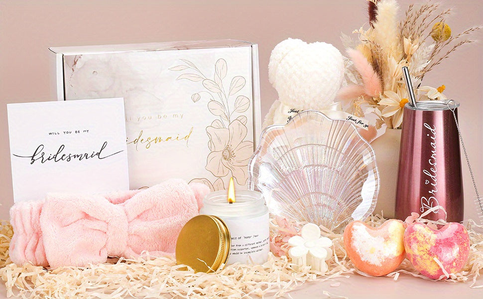 Will You Be My Bridesmaid Gift Box - Includes 6oz Wine Tumbler, Scented Candle, Spa Headband & Bear Towel - Perfect for Bridal Shower, Engagement & Wedding Party Gifts from Bride to Bridesmaids