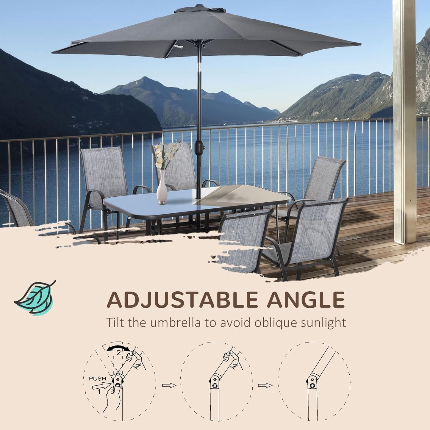 Eight Piece Patio Furniture Set with Umbrella and Chairs
