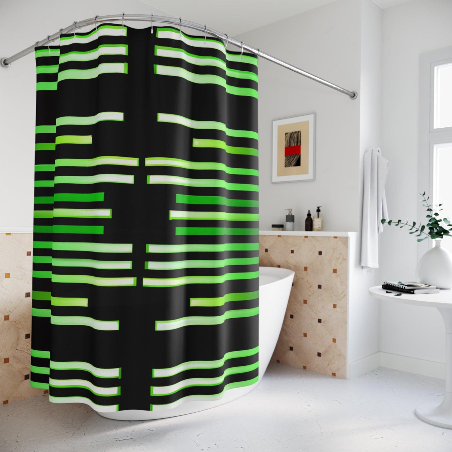 Green & Gold White Lines at Black Polyester Shower Curtain - Lizard Vigilante