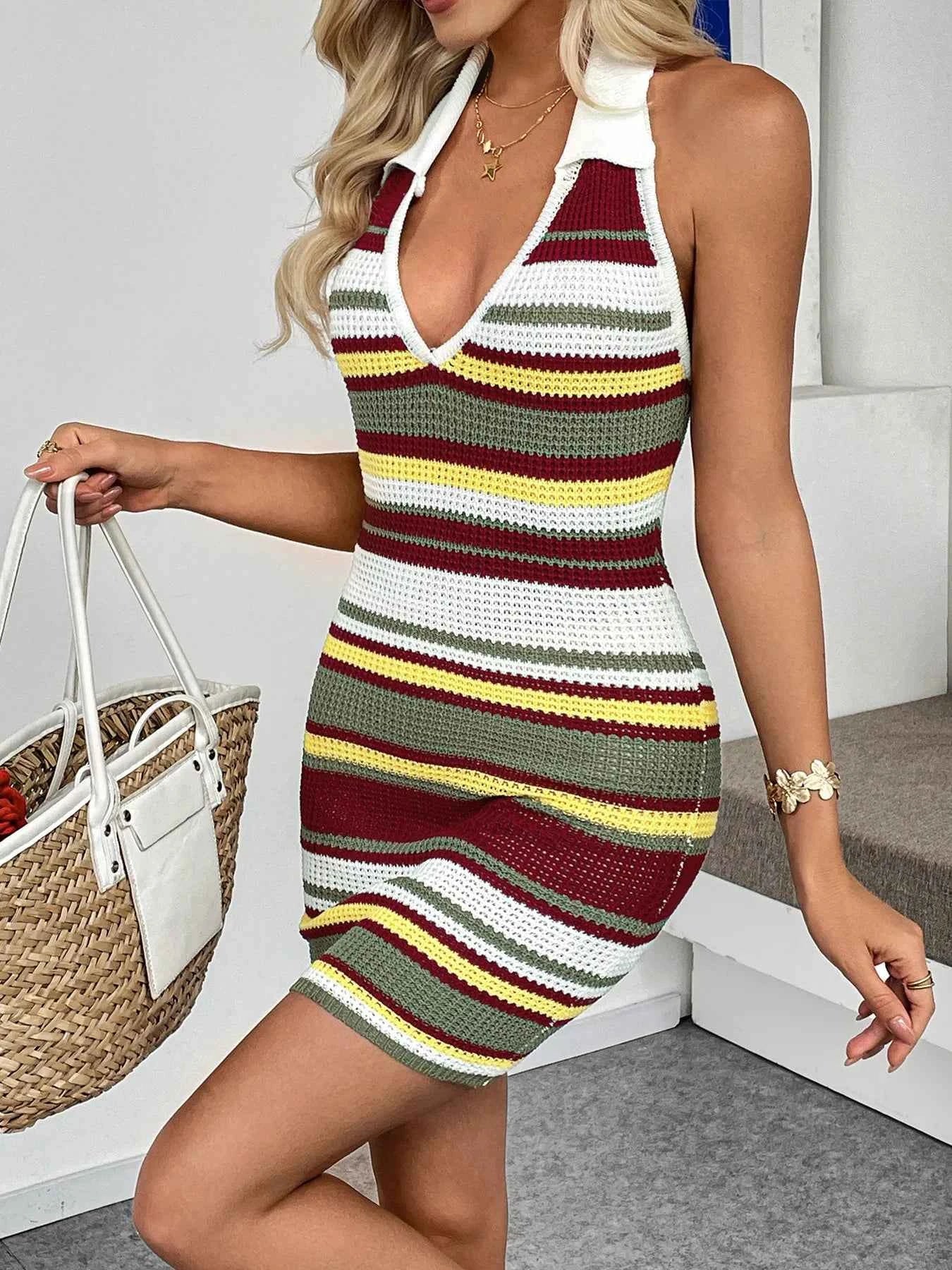 Multi-Color Striped Halter Neck : Knit Sweater Dress