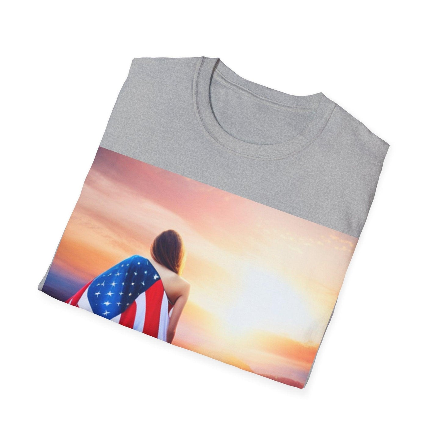 American Woman! Patriot Draped Red, White, and Blue Flag Over Shoulder Looking at Beautiful Horizon Unisex Softstyle T-Shirt - Lizard Vigilante