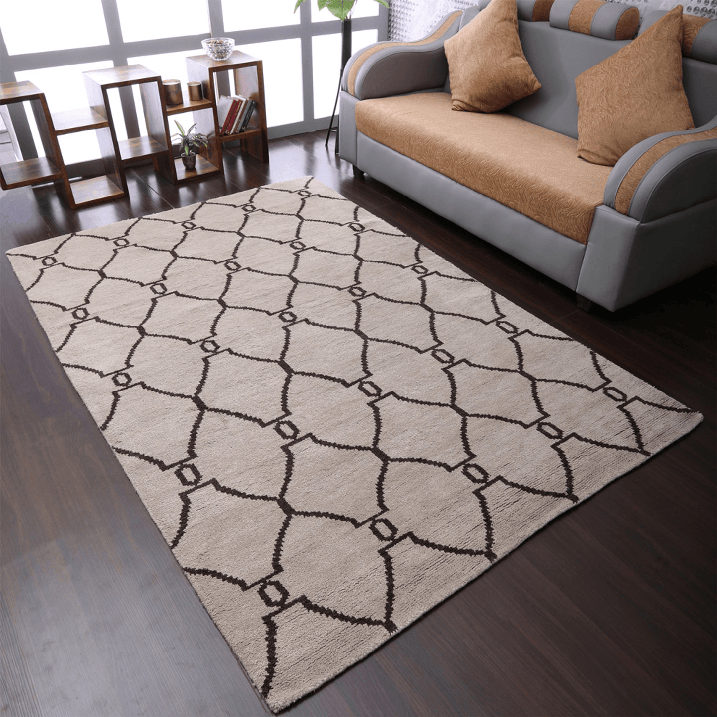Rugsotic Hand Knotted Geometric Wool Area Rug In Gold Charcoal