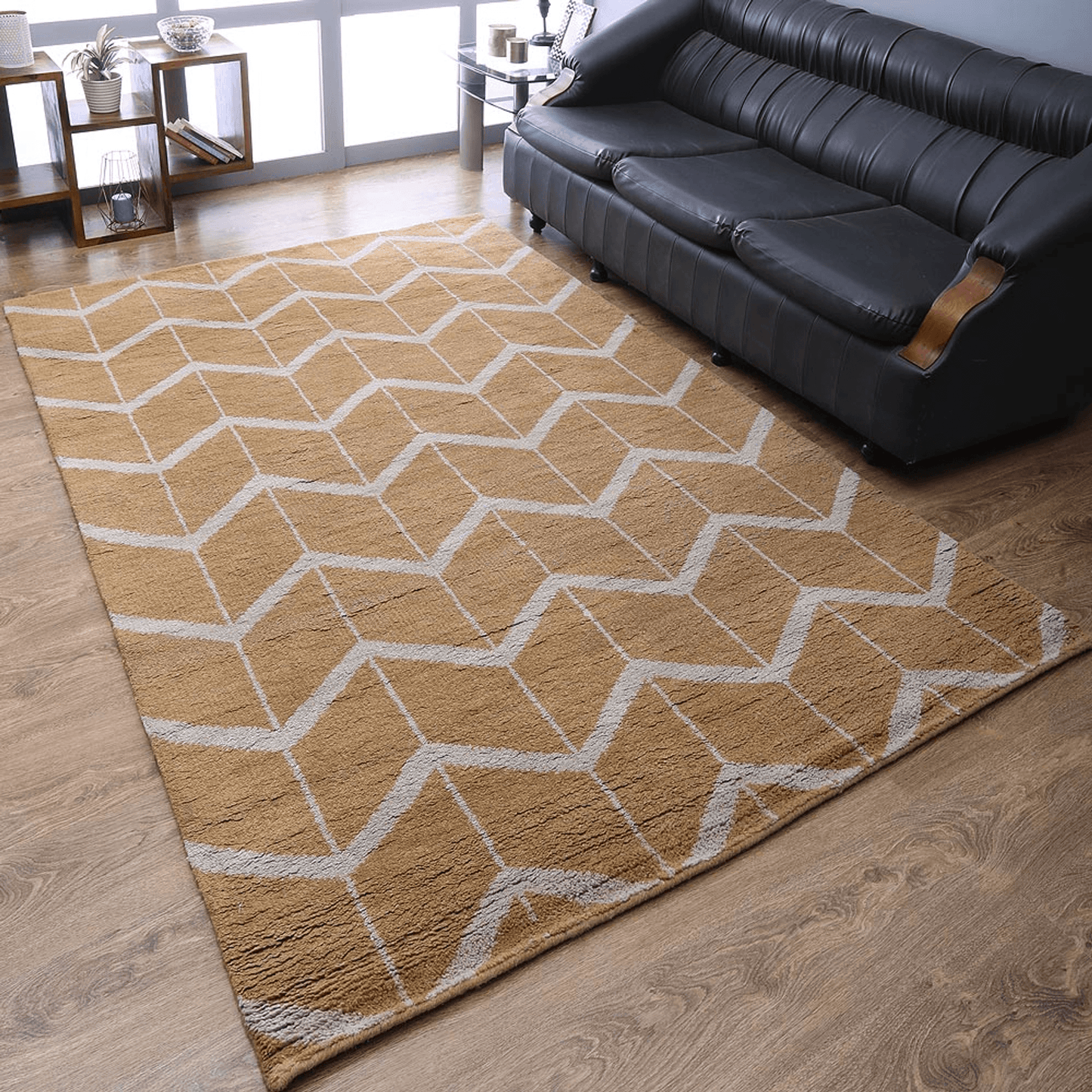 Rugsotic Hand Knotted Geometric Wool Area Rug In Gold Charcoal