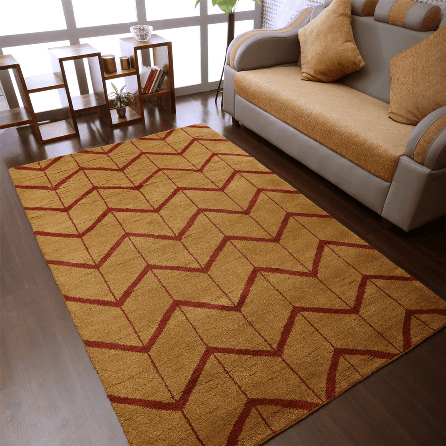 Rugsotic Hand Knotted Geometric Wool Area Rug In Gold Charcoal