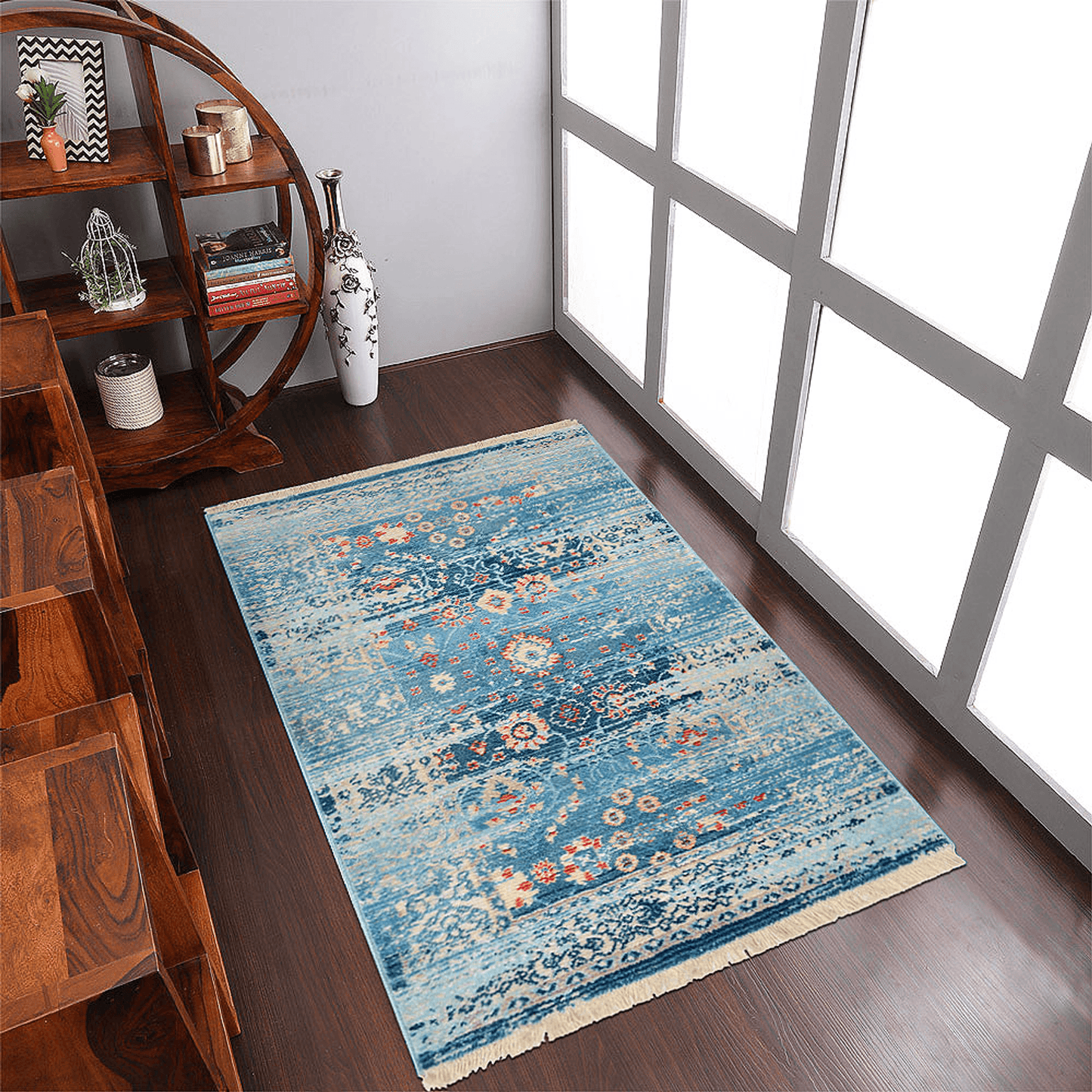 Rugsotic Carpets Machine Woven Crossweave Polyester Blue Area Rug Oriental
